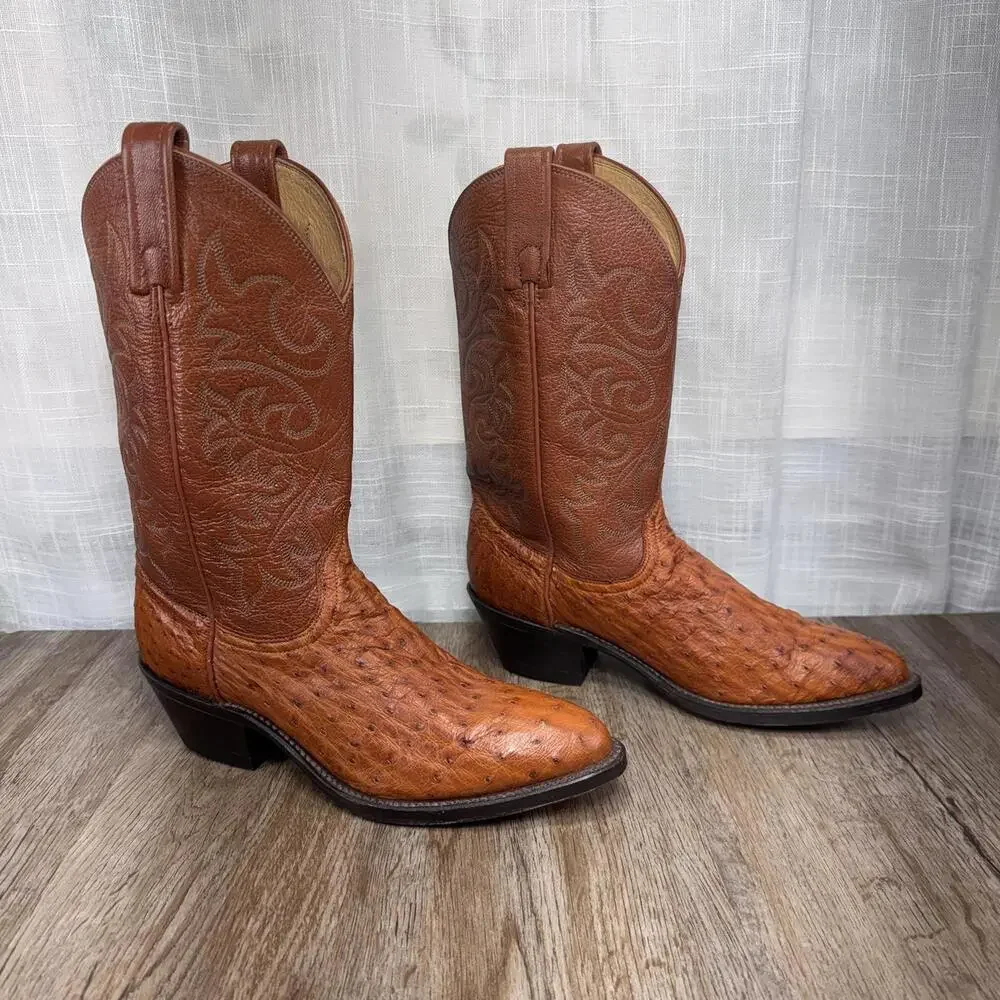 Dan Post Full Quill Ostrich Cowboy Boots Tan Exotic Leather Western Y2K SZ 7Mens